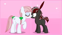 Size: 2560x1440 | Tagged: safe, artist:cranberry-tofu, derpibooru import, oc, oc:squeaky pitch, oc:whisper call, unofficial characters only, earth pony, pony, unicorn, female, image, kissing, mare, png