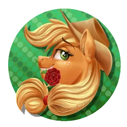 Size: 3000x3000 | Tagged: safe, artist:jack-pie, derpibooru import, applejack, earth pony, pony, cowboy hat, female, flower, freckles, green eyes, hat, head only, high res, image, mare, mouth hold, png, rose, solo, stetson