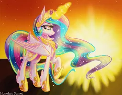 Size: 1024x800 | Tagged: safe, artist:misscandyt, derpibooru import, princess celestia, alicorn, pony, chest fluff, crown, ear fluff, ethereal mane, eyelashes, female, flowing mane, flowing tail, folded wings, glowing horn, hoof shoes, horn, image, jewelry, jpeg, multicolored hair, pink eyes, regalia, sky, solo, starry mane, stars, sun, sunlight, sunset, wings