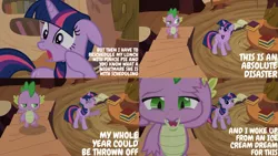 Size: 1280x720 | Tagged: safe, derpibooru import, edit, edited screencap, editor:quoterific, screencap, spike, twilight sparkle, dragon, pony, unicorn, it's about time, season 2, duo, eyes closed, female, floppy ears, golden oaks library, image, jpeg, library, male, mare, open mouth, stairs, unicorn twilight