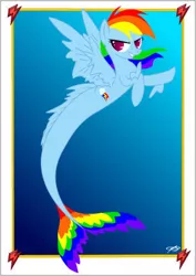 Size: 308x434 | Tagged: safe, artist:queenzora, derpibooru import, rainbow dash, hippocampus, merpony, pegasus, pony, seapony (g4), crepuscular rays, dorsal fin, feather, female, fins, fish tail, flowing mane, flowing tail, image, jpeg, looking at you, multicolored hair, ocean, pink eyes, postcard, seaponified, seapony rainbow dash, simple background, smiling, solo, species swap, spread wings, sunlight, tail, underwater, water, wings