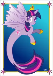 Size: 308x434 | Tagged: safe, artist:queenzora, derpibooru import, twilight sparkle, twilight sparkle (alicorn), alicorn, pony, seapony (g4), crepuscular rays, crown, feather, female, fins, fish tail, flowing mane, flowing tail, hoof shoes, horn, image, jewelry, jpeg, looking at you, ocean, postcard, purple eyes, regalia, seaponified, seapony twilight, simple background, smiling, solo, species swap, spread wings, sunlight, swimming, tail, underwater, water, wings