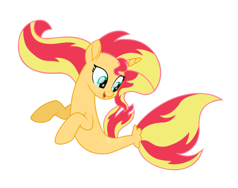 Size: 2755x2177 | Tagged: safe, artist:elementalalchemist03, derpibooru import, sunset shimmer, pony, seapony (g4), unicorn, my little pony: the movie, dorsal fin, female, fish tail, flowing mane, flowing tail, green eyes, horn, image, open mouth, png, seaponified, seapony sunset, simple background, smiling, solo, species swap, tail, transparent background