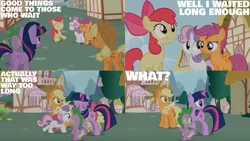 Size: 1280x720 | Tagged: safe, derpibooru import, edit, edited screencap, editor:quoterific, screencap, apple bloom, applejack, scootaloo, spike, sweetie belle, twilight sparkle, dragon, earth pony, pegasus, pony, unicorn, season 2, the cutie pox, ^^, adorabloom, apple bloom's bow, applejack's hat, bow, cowboy hat, cute, cutealoo, cutie mark crusaders, diasweetes, eyes closed, female, filly, hair bow, hat, image, jackabetes, male, mare, open mouth, png, smiling, trio, trio female, unicorn twilight, wat