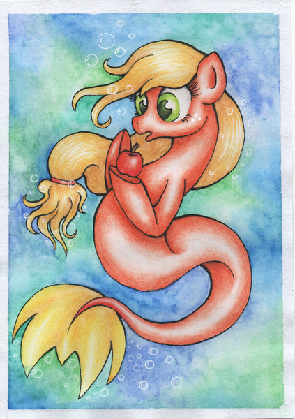 Size: 1743x2475 | Tagged: safe, artist:langustka, derpibooru import, applejack, earth pony, merpony, pony, seapony (g4), apple, blue background, bubble, female, fish tail, flowing mane, flowing tail, food, green eyes, image, ocean, open mouth, png, seaponified, seapony applejack, simple background, solo, species swap, tail, underwater, water, yellow mane