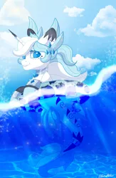 Size: 1452x2222 | Tagged: safe, artist:wicked-red-art, derpibooru import, oc, unofficial characters only, pony, seapony (g4), unicorn, blue eyes, bubble, cloud, commission, crepuscular rays, dorsal fin, fish tail, flowing mane, flowing tail, horn, image, looking at you, ocean, png, seaponified, sky, smiling, solo, species swap, sunlight, swimming, tail, underwater, water, ych result