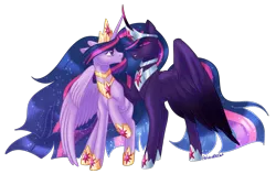 Size: 1874x1188 | Tagged: safe, artist:wicked-red-art, derpibooru import, princess twilight 2.0, twilight sparkle, twilight sparkle (alicorn), alicorn, pony, the last problem, corrupted, crown, duality, ethereal mane, evil, evil grin, evil twilight, feather, female, flowing mane, flowing tail, grin, hoof shoes, horn, horns are touching, image, jewelry, looking at each other, older, older twilight, png, purple eyes, regalia, self ponidox, simple background, smiling, solo, starry mane, transparent background, wings