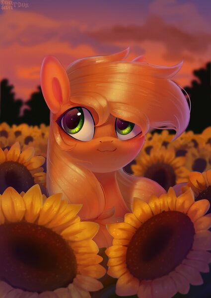 Size: 2150x3035 | Tagged: safe, artist:enderselyatdark, derpibooru import, applejack, earth pony, pony, :3, bust, female, field, flower, image, jpeg, mare, portrait, scenery, smiling, solo, sunflower