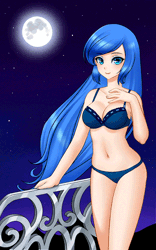 Size: 500x801 | Tagged: suggestive, artist:racoonsan, derpibooru import, princess luna, human, adorasexy, animated, belly button, blinking, blue underwear, bra, breasts, cleavage, clothes, cute, female, flowing hair, frilly underwear, full moon, gif, humanized, image, midriff, moon, night, night sky, panties, s1 luna, sexy, sky, sleeveless, smiling, solo, solo female, stars, underwear