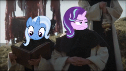 Size: 854x480 | Tagged: safe, derpibooru import, edit, starlight glimmer, trixie, animated, holy hand grenade, image, monty python, monty python and the holy grail, reading, uberduck.ai, webm