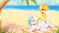 Size: 3840x2160 | Tagged: safe, artist:elektra-gertly, derpibooru import, oc, oc:aurryhollows, oc:foxyhollows, unofficial characters only, pegasus, beach, beach towel, image, ocean, palm tree, png, towel, tree