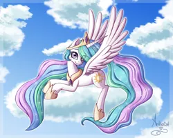 Size: 2492x1994 | Tagged: safe, artist:anthocat, derpibooru import, princess celestia, alicorn, pony, cloud, crown, cute, cutelestia, ear fluff, female, image, jewelry, lying down, mare, on a cloud, png, prone, redraw, regalia, sky, solo, spread wings, wings