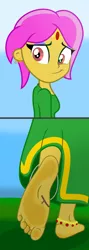 Size: 1440x4053 | Tagged: suggestive, artist:lilihoof, derpibooru import, oc, human, equestria girls, anklet, barefoot, breasts, clothes, dress, feet, foot focus, image, jewelry, looking at you, pain, png, ring, soles, solo, thorn, thorn on feet, thorns, toe ring