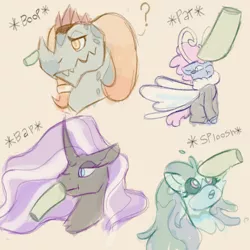 Size: 1500x1501 | Tagged: safe, artist:apatheticxaddict, derpibooru import, dragon lord torch, medley brook, nightmare rarity, seabreeze, breezie, dragon, kelpie, pony, unicorn, bap, boop, colored sketch, disembodied hoof, female, image, male, offscreen character, onomatopoeia, patting, png, sploosh