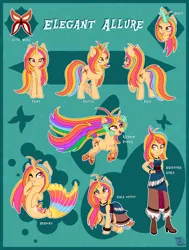 Size: 1024x1355 | Tagged: safe, artist:happy-go-creative, derpibooru import, oc, oc:elegant allure, butterfly, insect, sea pony, seapony (g4), unicorn, equestria girl, female, gala outfit, image, jpeg, magic, reference sheet
