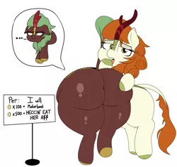 Size: 3560x3348 | Tagged: suggestive, artist:blitzyflair, derpibooru import, autumn blaze, cinder glow, summer flare, kirin, ..., bipedal, butt, cloven hooves, duo, fat, female, females only, floppy ears, image, jpeg, lidded eyes, looking at you, plot, rear view, sign, stuck, the ass was fat, tongue out, unamused, wide hips