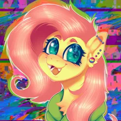 Size: 2048x2048 | Tagged: safe, artist:yumkandie, derpibooru import, fluttershy, pegasus, pony, antonymph, bust, chest fluff, clothes, cute, cute little fangs, ear piercing, eye reflection, fangs, fluttgirshy, heart eyes, hoodie, image, jpeg, open mouth, open smile, pansexual, pansexual pride flag, piercing, portrait, pride, pride flag, reflection, shyabetes, smiling, wingding eyes