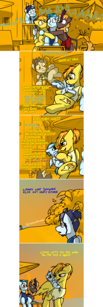 Size: 1280x3807 | Tagged: safe, artist:captainhoers, derpibooru import, soarin', spitfire, oc, oc:concorde, oc:harvest ember, oc:seafire, kirin, pegasus, pony, firestarter spitfire, aaaaaaaaaa, alternate hairstyle, clothes, comic, crying, dialogue, family, female, filly, group hug, hug, image, kirin oc, male, mare, mother and child, mother and daughter, oc x oc, offspring, one-piece swimsuit, parent:soarin', parent:spitfire, parents:soarinfire, png, pratfall, shipping, shirt, soarinfire, stallion, straight, sunglasses, swimming trunks, swimsuit, tackle hug