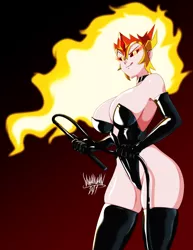 Size: 3716x4811 | Tagged: suggestive, artist:danmakuman, derpibooru import, daybreaker, human, breasts, busty daybreaker, choker, clothes, dominatrix, evening gloves, gloves, gradient background, humanized, image, latex, latex leotard, latex socks, latex stockings, latex suit, leotard, long gloves, looking at you, mane of fire, png, simple background, socks, stockings, thigh highs, tongue out, whip