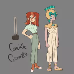 Size: 2004x2000 | Tagged: safe, artist:galaxiedream, derpibooru import, crackle cosette, queen chrysalis, vanguard cover, human, armor, belt, camera, clothes, commission, converse, disguise, disguised changeling, dress, duo, feet, female, gray background, helmet, humanized, image, jeans, jpeg, pants, sandals, shirt, shoes, simple background