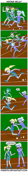 Size: 692x4181 | Tagged: safe, artist:pheeph, derpibooru import, cloudchaser, derpy hooves, flitter, rainbow dash, equestria girls, baton, comic, equestria girls-ified, image, old master q, parody, png, relay race, running, sports, track and field