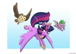 Size: 4093x2894 | Tagged: safe, artist:lummh, derpibooru import, owlowiscious, spike, twilight sparkle, twilight sparkle (alicorn), alicorn, bird, dragon, owl, pony, abstract background, clothes, crown, cute, determined, flying, happy, high res, hoof shoes, image, jewelry, joyful, jpeg, necklace, pet, regalia, shoes, smiling, tail, winged spike, wings