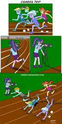 Size: 1081x2152 | Tagged: safe, artist:pheeph, derpibooru import, cloudchaser, lightning dust, rainbow dash, sci-twi, sunset shimmer, twilight sparkle, equestria girls, cable, camera, comic, equestria girls-ified, image, old master q, parody, png, running, sports, track and field, tripping