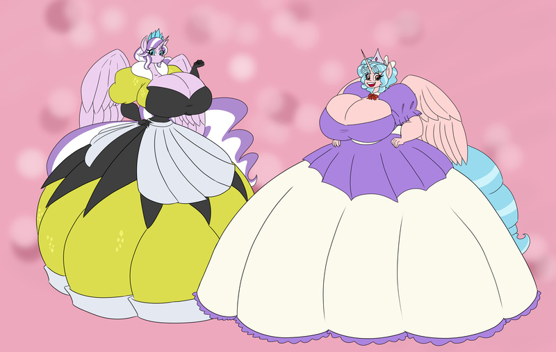 Size: 4368x2764 | Tagged: suggestive, artist:da-fuze, derpibooru import, cozy glow, diamond tiara, alicorn, anthro, alicornified, big breasts, bowtie, breasts, busty cozy glow, busty diamond tiara, cleavage, clothes, commission, cozycorn, crown, disproportional anatomy, dress, duo, duo female, female, gloves, gown, high res, huge breasts, image, impossibly large breasts, impossibly large dress, jewelry, jpeg, long gloves, older, older cozy glow, older diamond tiara, open mouth, open smile, pink background, poofy shoulders, race swap, regalia, simple background, smiling, tiaracorn, wasp waist