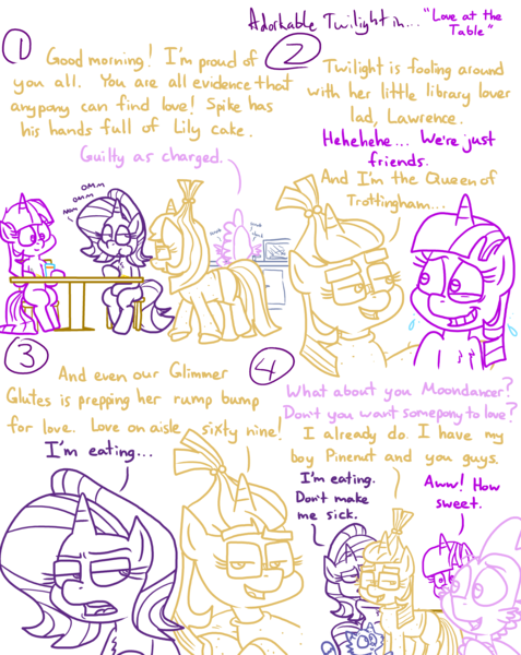 Size: 4779x6013 | Tagged: safe, artist:adorkabletwilightandfriends, derpibooru import, moondancer, spike, starlight glimmer, twilight sparkle, twilight sparkle (alicorn), oc, oc:pinenut, alicorn, comic:adorkable twilight and friends, adorkable, adorkable twilight, breakfast, comic, cute, dork, eating, family, image, kitchen, love, png, relationships, sitting, slice of life, walking