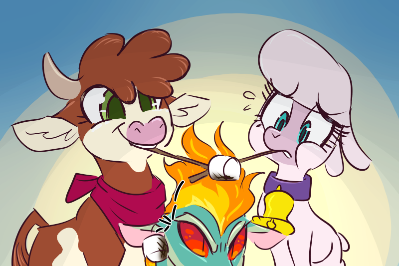 Size: 800x533 | Tagged: safe, anonymous artist, arizona cow, pom lamb, tianhuo, cow, dragon, hybrid, longma, sheep, them's fightin' herds, community related, food, image, lamb, marshmallow, png, trio