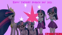 Size: 3840x2160 | Tagged: safe, artist:optimussparkle, derpibooru import, princess twilight 2.0, sci-twi, twilight sparkle, twilight sparkle (alicorn), ponified, alicorn, pony, unicorn, equestria girls, equestria girls series, the last problem, 3d, crossed arms, equestria girls ponified, glasses, grin, human ponidox, image, multeity, older, older twilight, open mouth, open smile, png, self ponidox, smiling, source filmmaker, sparkle sparkle sparkle, time paradox, twilight sparkle day, twolight, unicorn sci-twi, waving