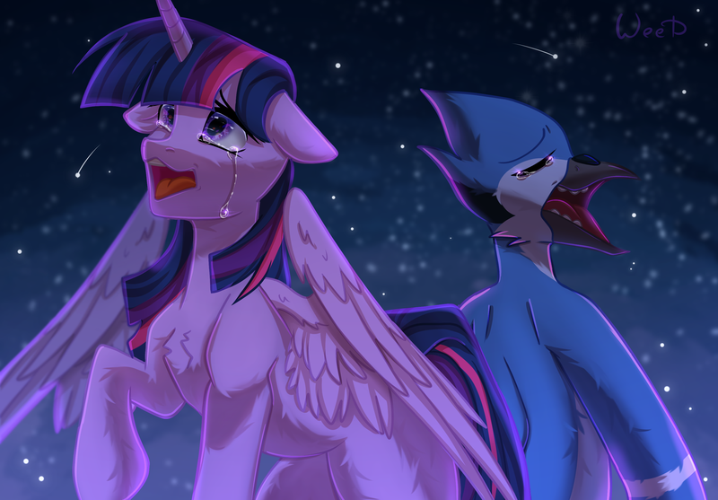 Size: 2944x2048 | Tagged: safe, artist:maybeweed, derpibooru import, twilight sparkle, alicorn, aeroplanes and meteor showers, crossover, crossover shipping, crying, eyes closed, female, image, male, mordecai, mordetwi, png, regular show, shipping, straight