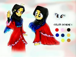 Size: 3205x2404 | Tagged: safe, artist:liaaqila, derpibooru import, oc, oc:jiwa baik, unofficial characters only, earth pony, pony, equestria girls, clothes, commission, dress, equestria girls-ified, female, grin, hijab, image, islam, jpeg, malaysia, mare, reference sheet, scarf, smiling, solo, traditional art, waving