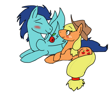 Size: 385x324 | Tagged: safe, artist:moonstruck-badger, derpibooru import, applejack, soarin', earth pony, pegasus, pony, applejack's hat, blushing, cowboy hat, cropped, crossed hooves, eyes closed, female, flower, flower in mouth, hat, image, lying down, male, mare, mouth hold, png, prone, rose, rose in mouth, shipping, simple background, soarinjack, stallion, straight, white background