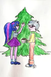 Size: 1528x2292 | Tagged: safe, artist:fude-chan-art, derpibooru import, microchips, sci-twi, twilight sparkle, equestria girls, christmas, christmas tree, female, holiday, image, jpeg, male, microlight, shipping, straight, tree