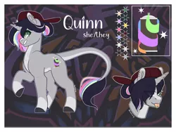 Size: 1280x960 | Tagged: safe, artist:liefsong, derpibooru import, oc, oc:quinn, unofficial characters only, unicorn, cutie mark, hat, image, jpeg, leonine tail, piercing, reference sheet, solo, tongue out, tongue piercing, wingding eyes