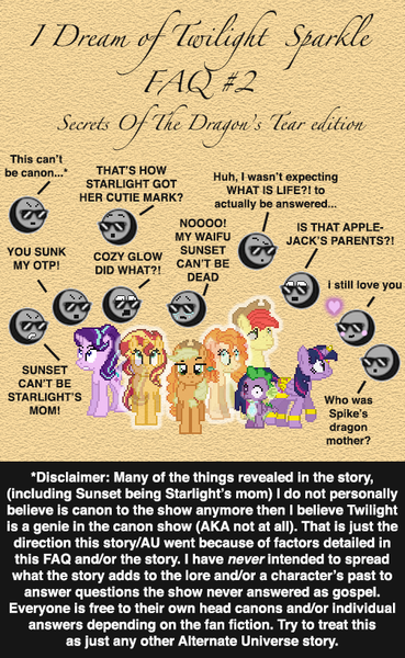 Size: 504x820 | Tagged: safe, artist:verve, derpibooru import, applejack, bright mac, pear butter, spike, starlight glimmer, sunset shimmer, twilight sparkle, twilight sparkle (alicorn), alicorn, dragon, earth pony, genie, ghost, pony, undead, unicorn, ask genie twilight, ask, female, image, male, mare, pear butter's ghost, pixel art, png, stallion, text, wide eyes