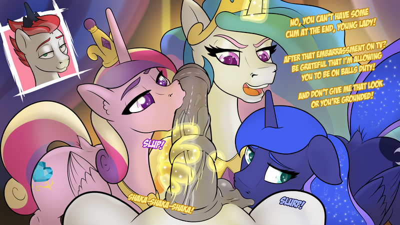 Size: 3840x2160 | Tagged: explicit, artist:cocaine, derpibooru import, part of a set, princess cadance, princess celestia, princess luna, oc, oc:swift apex, alicorn, pegasus, pony, comic:princess superfuck cup championship, accessory theft, alicorn triarchy, angry, ball sucking, balls, balls fetish, big penis, blowjob, bushy brows, canon x oc, commission, crown, dialogue, female, fetish, floppy ears, hand, handjob, high res, horn, horsecock, humiliation, image, jewelry, looking at you, lucky bastard, magic, magic hands, magical stimulation, magicjob, male, male pov, multiple blowjob, nudity, offscreen character, offscreen male, oral, pegasus oc, penis, png, pov, regalia, royal sisters, sex, shipping, siblings, sisters, slut, slutty celestia, slutty luna, smug, stallion, straight, thick eyebrows, triple blowjob, vein, veiny cock, wings