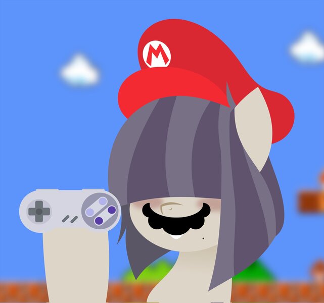 Size: 2048x1918 | Tagged: safe, artist:isaac_pony, derpibooru import, oc, oc:dot matrix, unofficial characters only, earth pony, pony, beauty mark, bust, cap, controller, fake moustache, hair over eyes, hat, hoof hold, image, jpeg, mario's hat, solo, super mario bros., super nintendo