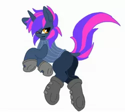 Size: 3111x2791 | Tagged: safe, artist:kurogetsuouji, derpibooru import, oc, oc:dusksworn catalyst, unofficial characters only, pony, unicorn, boots, clothes, gloves, horn, image, jpeg, male, shoes, solo, stallion, sweater, turtleneck, two toned mane, two toned tail, unicorn oc
