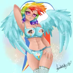 Size: 1280x1280 | Tagged: suggestive, artist:ponywizzy, derpibooru import, rainbow dash, human, abs, breasts, cutie mark background, female, humanized, image, jpeg, solo, solo female, winged humanization, wings