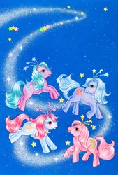 Size: 1382x2048 | Tagged: safe, derpibooru import, official, pearlshine, starswirl, earth pony, pony, concept art, fairy brights, fancy swirl ponies, g1, image, logo, mistyglow, my little pony, my little pony logo, official art, png, promotional art, proof of existence, sad, space background, stars, swirlabout, what could have been, zazzle