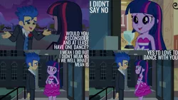 Size: 1280x720 | Tagged: safe, derpibooru import, edit, edited screencap, editor:quoterific, screencap, flash sentry, twilight sparkle, equestria girls, equestria girls (movie), blushing, canterlot high, cute, diasentres, eye contact, fall formal outfits, female, image, looking at each other, male, open mouth, png, sleeveless, smiling, strapless, twiabetes, twilight ball dress