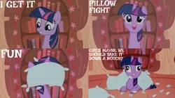 Size: 1280x720 | Tagged: safe, derpibooru import, edit, edited screencap, editor:quoterific, screencap, twilight sparkle, pony, unicorn, look before you sleep, season 1, cross-eyed, cute, female, golden oaks library, image, jpeg, library, mare, open mouth, pillow, solo, twiabetes, unicorn twilight