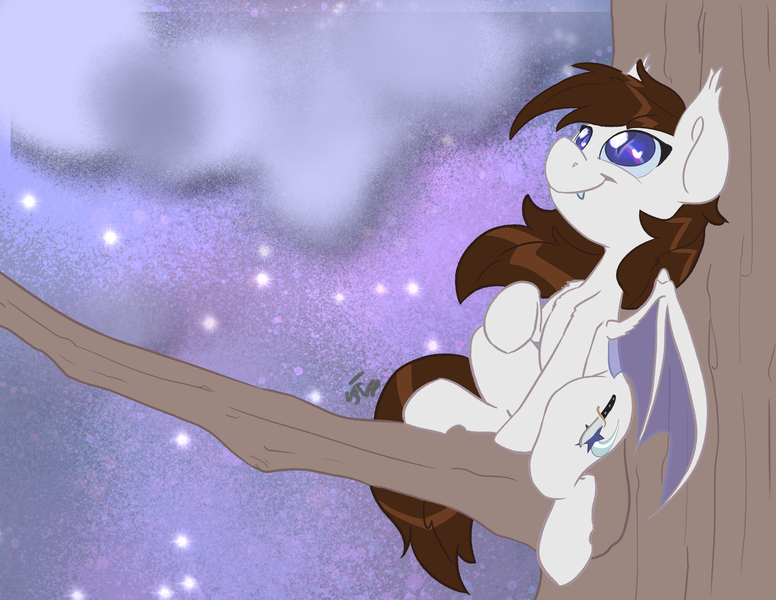 Size: 3300x2550 | Tagged: safe, artist:leadhooves, derpibooru import, oc, oc:aero soarer, bat pony, pony, bat pony oc, bat wings, cloud, commission, fangs, image, male, night, png, sitting, sitting in a tree, smiling, solo, stallion, stars, tree, tree branch, wings