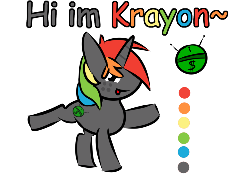 Size: 1661x1245 | Tagged: artist needed, source needed, safe, derpibooru import, oc, oc:krayon, unofficial characters only, pony, unicorn, cutie mark, dollar sign, freckles, horn, image, introduction, looking at you, male, multicolored hair, png, rainbow hair, raised hoof, reference sheet, simple background, smiling, smiling at you, solo, talking to viewer, transparent background, waving at you