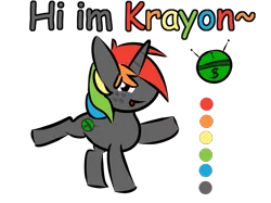 Size: 1661x1245 | Tagged: artist needed, source needed, safe, derpibooru import, oc, oc:krayon, unofficial characters only, pony, unicorn, cutie mark, dollar sign, freckles, horn, image, introduction, looking at you, male, multicolored hair, png, rainbow hair, raised hoof, reference sheet, simple background, smiling, smiling at you, solo, talking to viewer, transparent background, waving at you