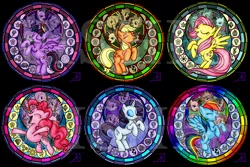 Size: 1280x856 | Tagged: safe, artist:fishiewishes, derpibooru import, applejack, fluttershy, pinkie pie, rainbow dash, rarity, twilight sparkle, twilight sparkle (alicorn), alicorn, earth pony, pegasus, pony, unicorn, dive to the heart, eyes closed, image, mane six, png, rearing, stained glass