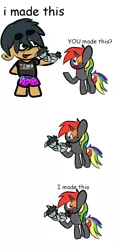Size: 680x1483 | Tagged: safe, derpibooru import, oc, oc:krayon, oc:sleepy goodnight, human, pony, unicorn, bags under eyes, black hair, clothes, cutie mark, dialogue, holding a pony, i made this, image, looking at you, meme, multicolored hair, multiple characters, onomatopoeia, png, rainbow hair, shirt, shorts, sleeping, sound effects, tired, zzz