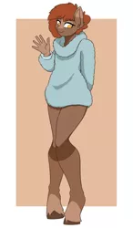 Size: 3508x6000 | Tagged: safe, artist:sneetymist, derpibooru import, oc, oc:soft coffee, unofficial characters only, anthro, earth pony, pony, unguligrade anthro, arm behind back, blank flank, bottomless, clothes, coat markings, female, fluffy, fluffy sweater, image, looking away, mare, no tail, partial nudity, png, shy, simple background, socks (coat marking), solo, sweater, unshorn fetlocks, waving